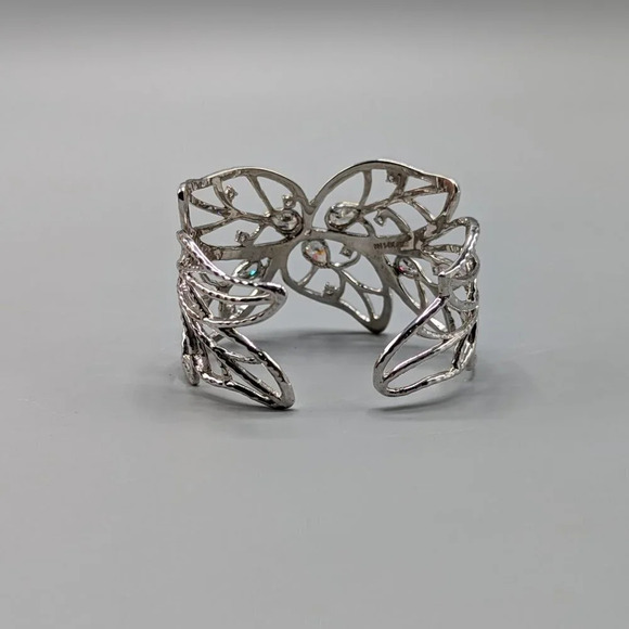 Silver Leaf Filigree Cuff Bracelet w/ 14K Gold Detail Cubic Zirconia - Picture 3 of 10